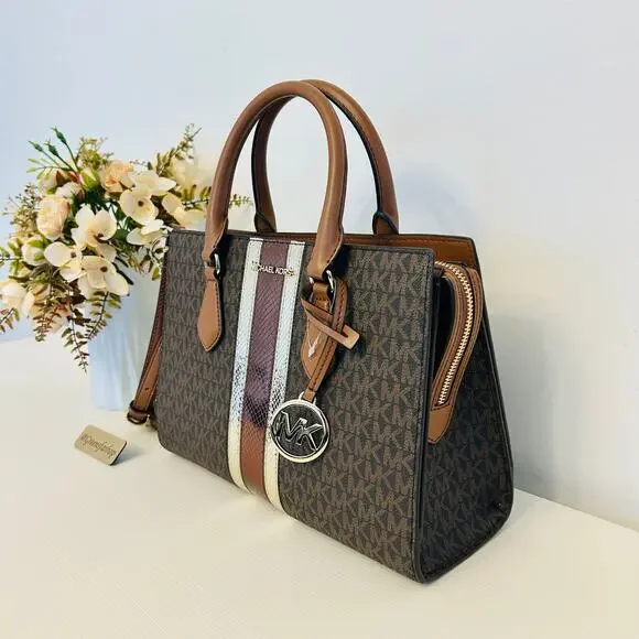 Michael Kors Purse Medium Sheila Signature Logo and Metallic Satchel Brown - Picture 2 of 10